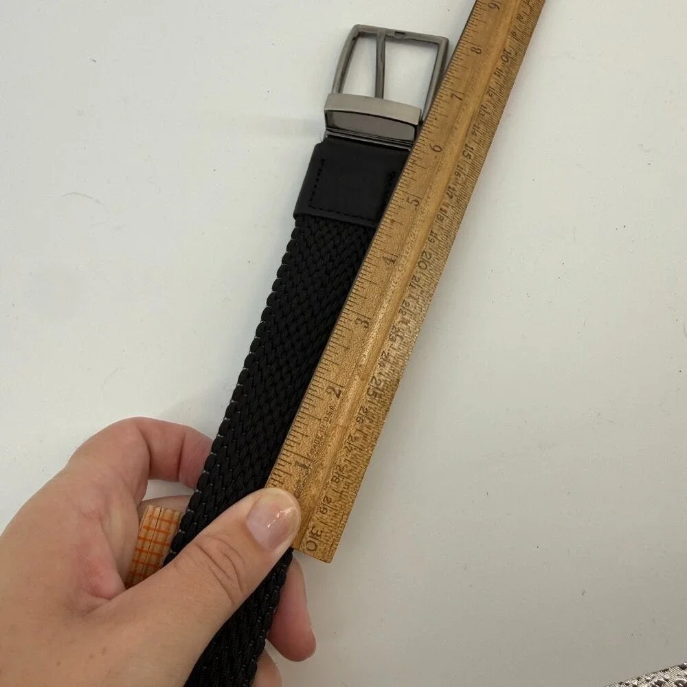Tommy Bahama Black/Gray Reversible Braided Belt stretch Silver Buckle S/M‎ NWOT